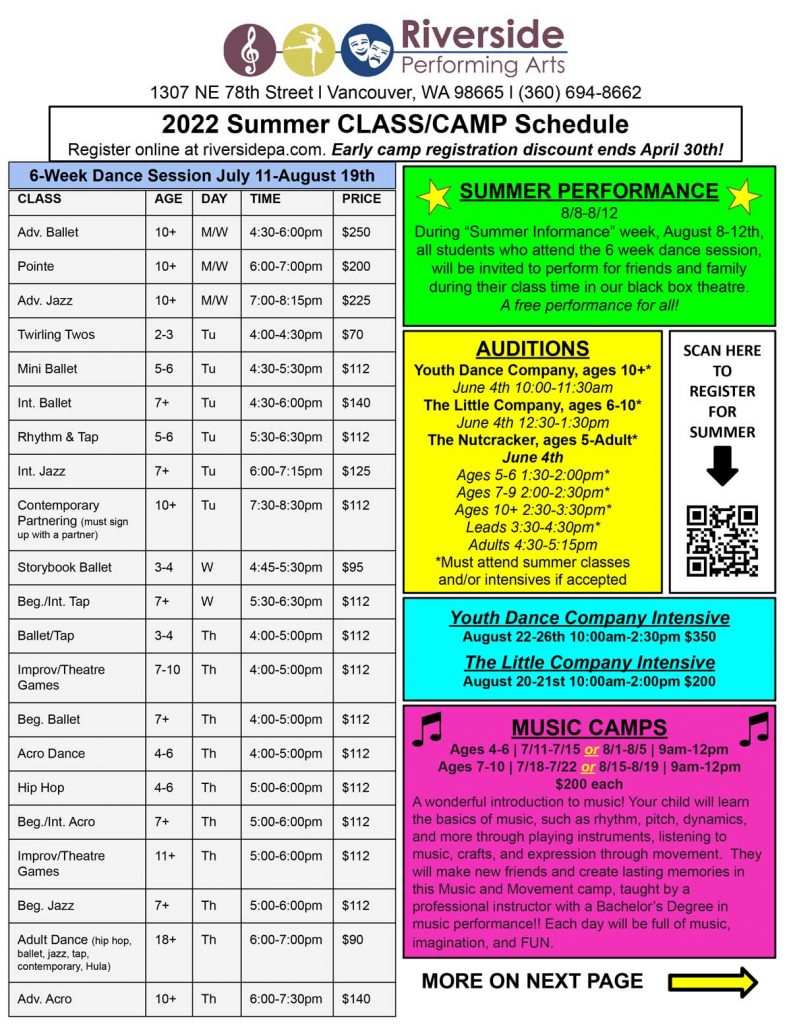 Summer 2022 Youth Camp Flyer by Riverside Performing Arts in Vancouver WA